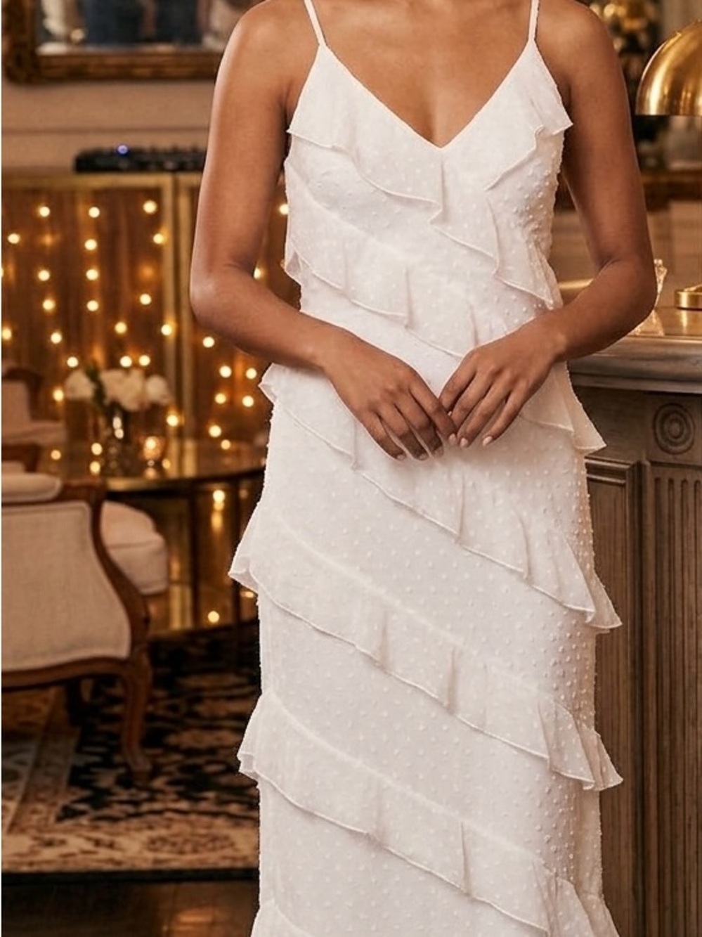 Lulus Love The Look White Tiered Ruffled Swiss Dot Midi Dress Size Large